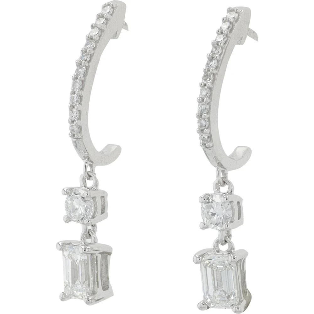 14K White Gold 1.00 Carat Total Weight Lab Grown Diamond J - Hoop Earrings with Round and Emerald Cut Stones