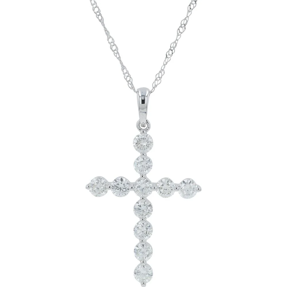 14K White Gold 1.00 Carat Total Weight Prong - Set Round Diamond Cross Pendant