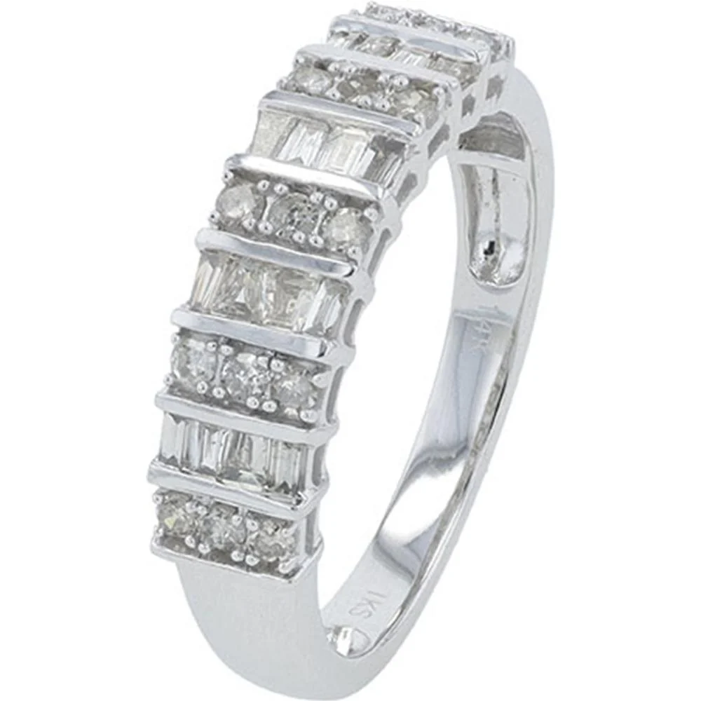 14K White Gold 1/2 Carat Diamond Band with Alternating Round and Baguette Diamonds