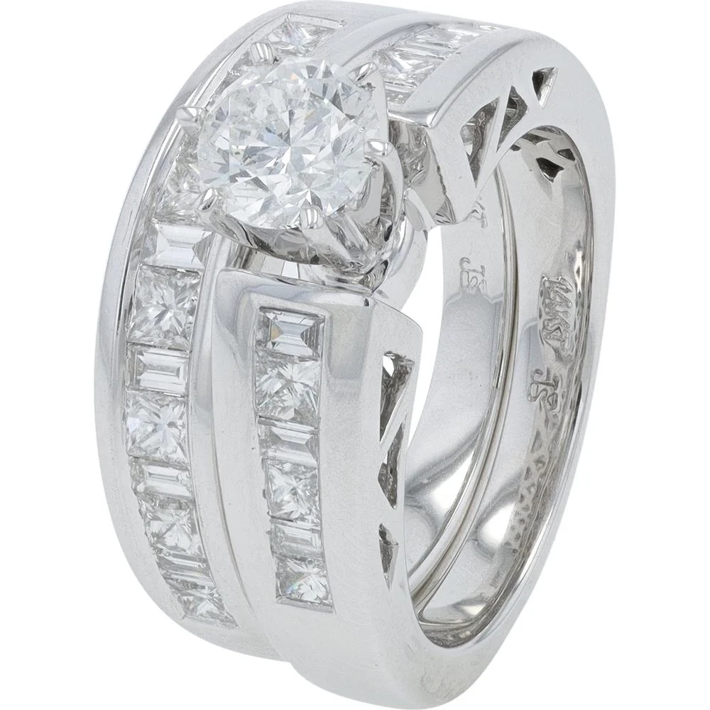 14K White Gold 1.50 Carat Total Diamond Bridal Set with Princess and Round Cut Diamonds