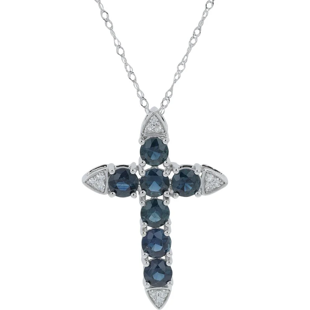 14K White Gold 1.60 Carat Sapphire Cross Pendant with Diamond Accents - 0.05 Carat Total Diamond Weight