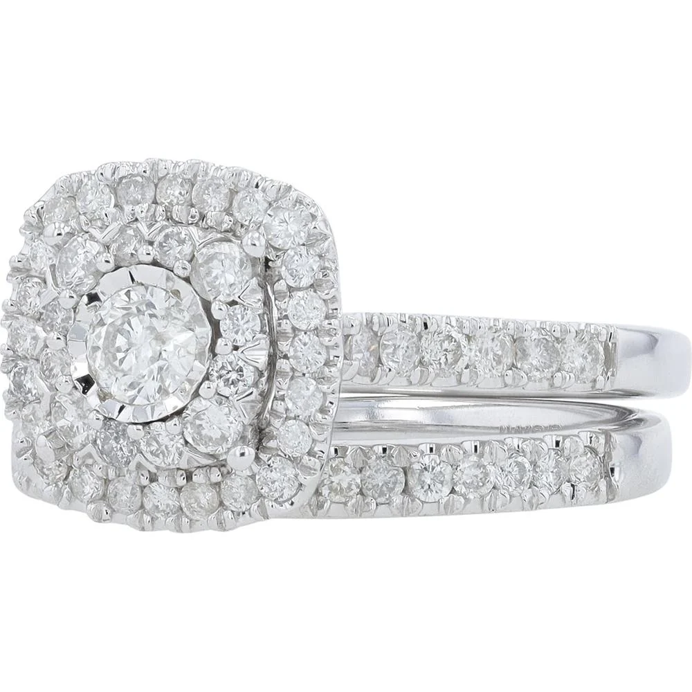 14K White Gold 1 Carat Diamond Halo Bridal Set with Round Diamonds - 1.00 Carat Total Diamond Weight - Image 3