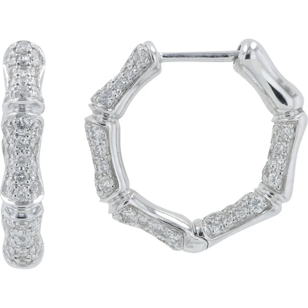 14K White Gold 1 Carat Diamond Inside - Out Bamboo Hoop Earrings - 1.00 Carat Total Diamond Weight - Image 2