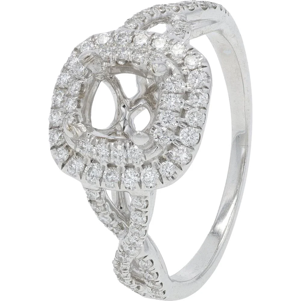 14K White Gold 1 Carat Diamond Semi - Mount Ring with Halo and Crisscross Pavé Detail