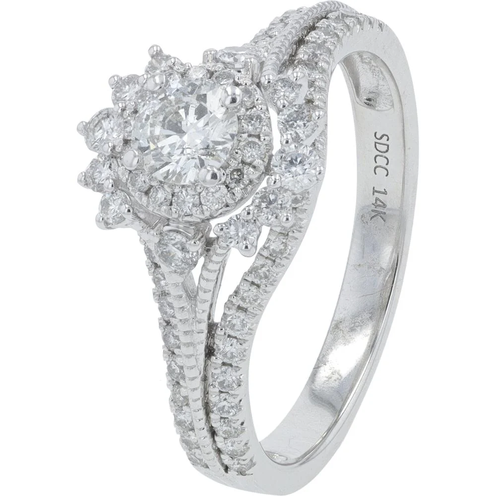 14K White Gold 1 Carat Total Weight Diamond Bridal Ring with Halo and Pavé Split Shank - Image 2