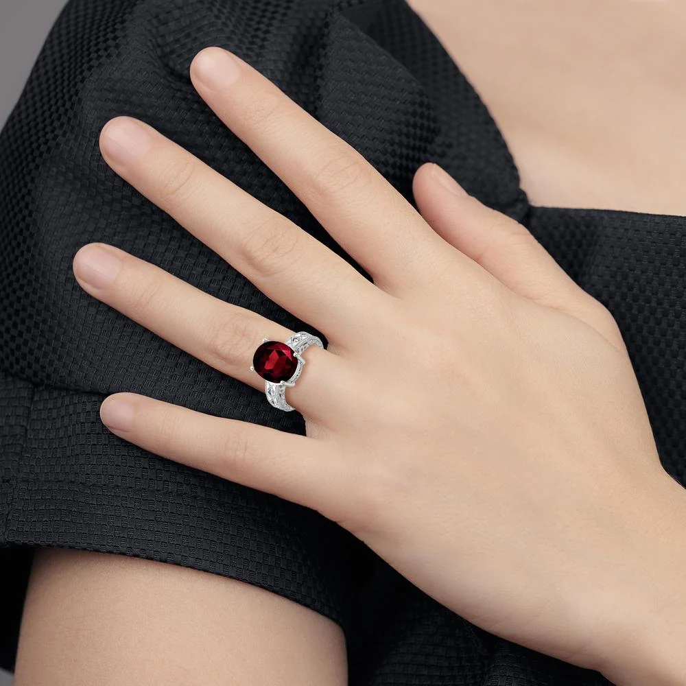 14K White Gold 12x10mm Oval Garnet and Diamond Accent Ring - 4.81 Carat Total Gem Weight - Size 6 by Monteluci Fine Jewelry - Image 3