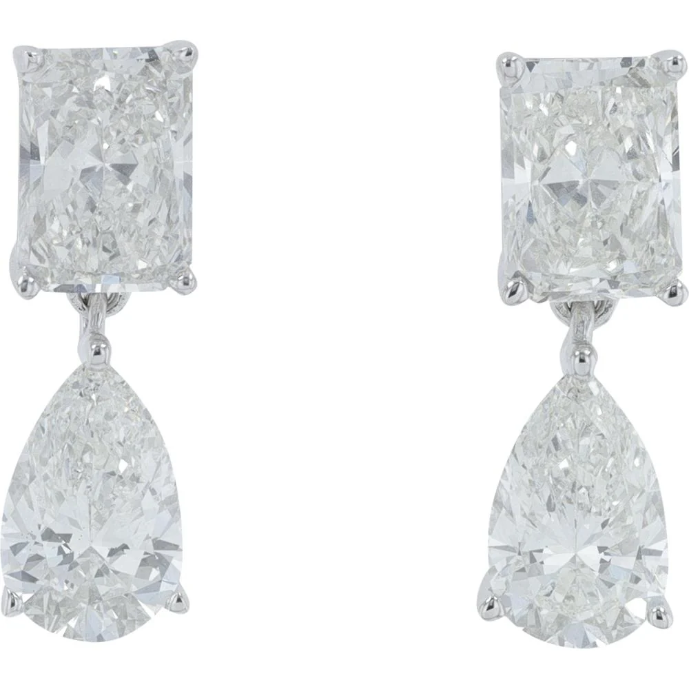 14K White Gold 2.50 Carat Lab Grown Diamond Drop Earrings with Pear and Rectangular Shaped Diamonds