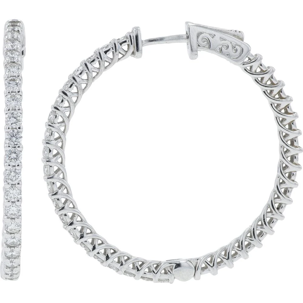 14K White Gold 2 Carat Diamond Inside - Out Hoop Earrings - 2.00 Carat Total Diamond Weight - Image 2