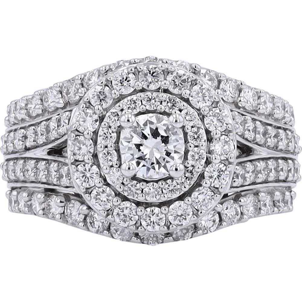 14K White Gold 2 Carat Total Weight Diamond Halo Engagement Ring with Split Shank - 2.00 Carat Total Diamond Weight