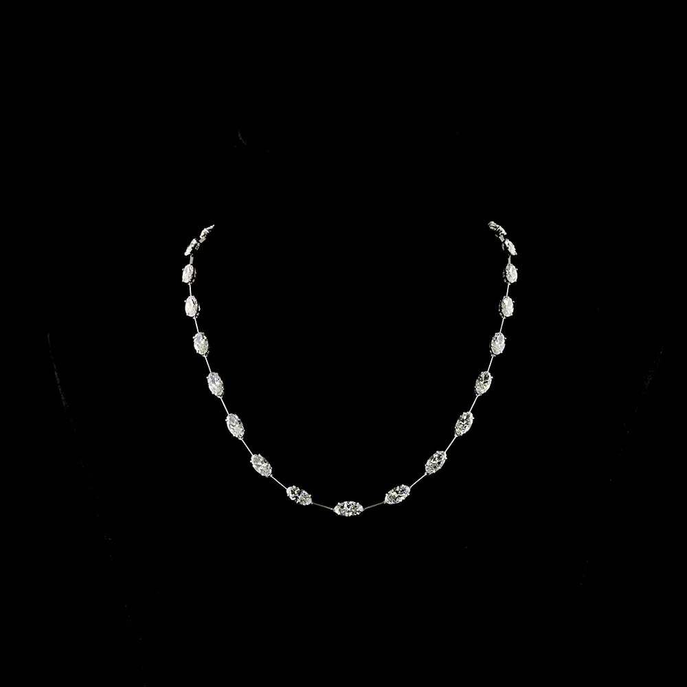 14K White Gold 21.19 Carat East-West Moval Cut Lab Diamond Station Necklace with 25 Prong Set Stones - E-F VS1 Quality - Covaloro Fine Jewelry