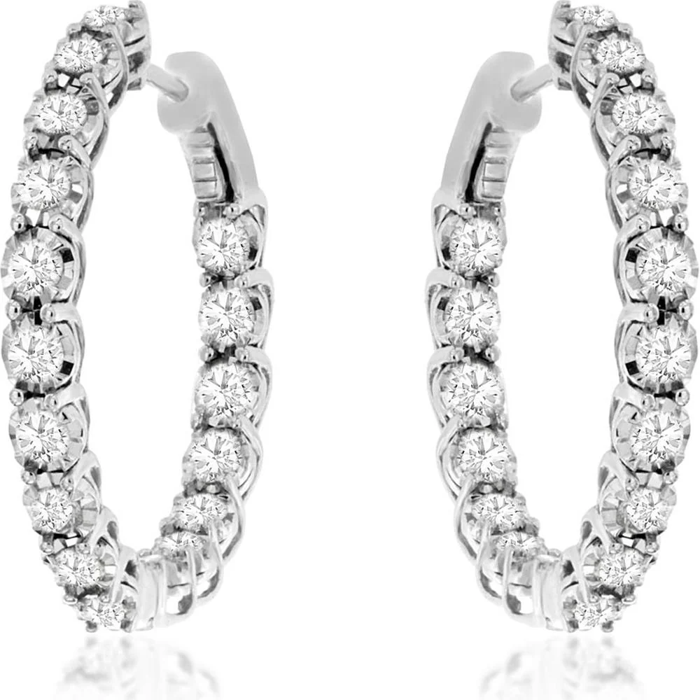 14K White Gold 23mm Medium Hoop Earrings with Round Diamonds - 2.00 Carat Total Diamond Weight - Royal Jewelry