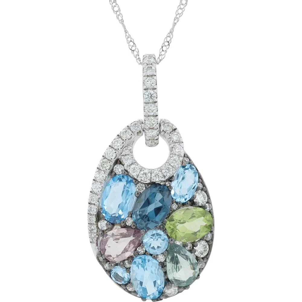 14K White Gold 3.40 Carat Total Weight Multi - Gemstone Teardrop Pendant with 0.55 Carat Diamond Accents
