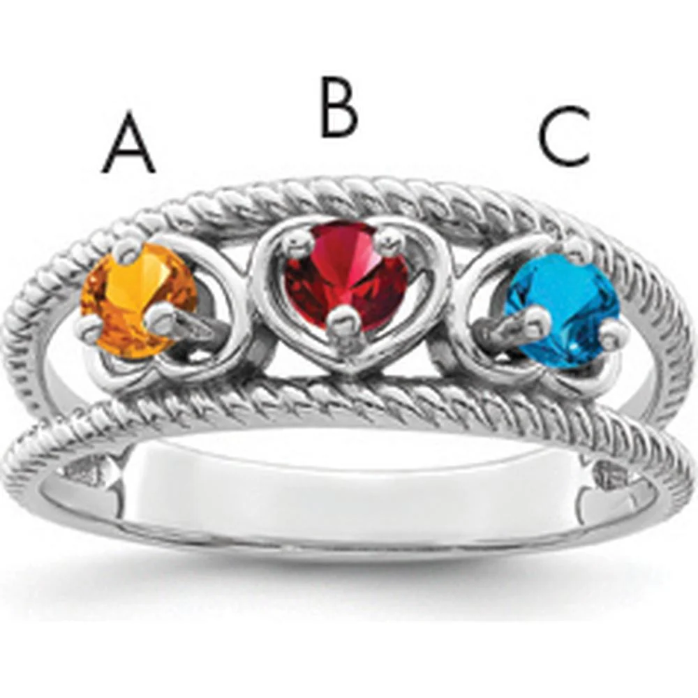 14K White Gold 3-Stone Heart-Shaped Gemstone Ring with Red, Orange, and Blue Gems - Family Jewelry Design - Size 7 by Oro Pregiato
