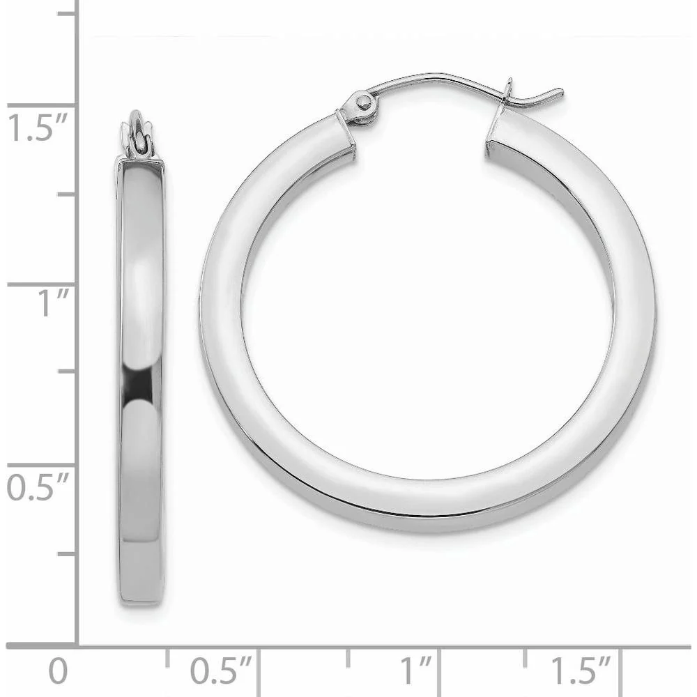 14K White Gold 3mm Polished Square Tube Hoop Earrings - 30mm by Oro Pregiato - Image 4