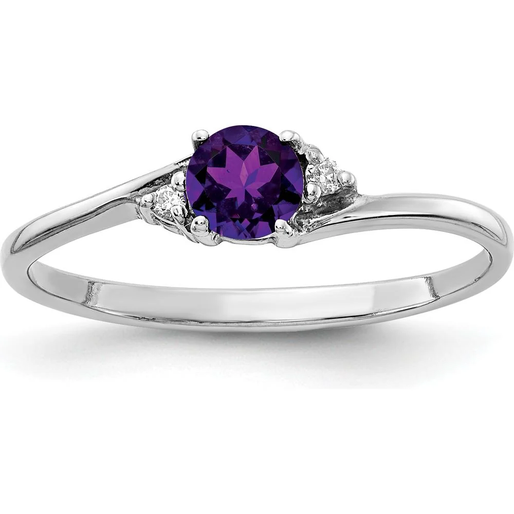 14K White Gold 4mm Amethyst and Diamond Ring with Round Diamonds - 0.23 Carat Total Amethyst Weight - Size 6 by Monteluci Fine Jewelry