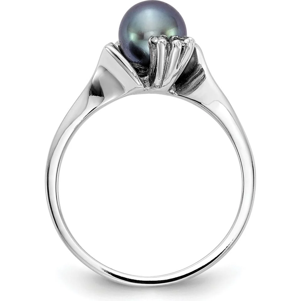 14K White Gold 6mm Black Freshwater Cultured Pearl and Diamond Ring with Round Faceted Diamonds - 0.01 Carat Total Diamond Weight - Size 6 by Monteluci Fine Jewelry - Image 2