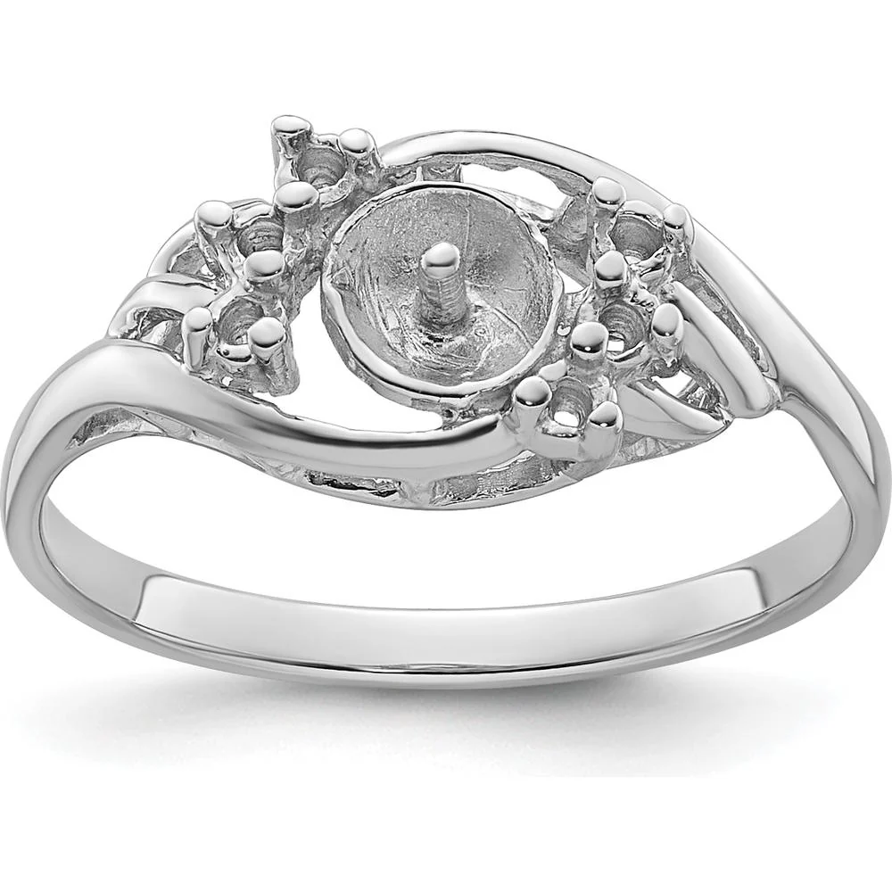 14K White Gold 6mm Pearl and Diamond Ring Mounting with Polished Rhodium Finish - Size 6 by Monteluci Fine Jewelry