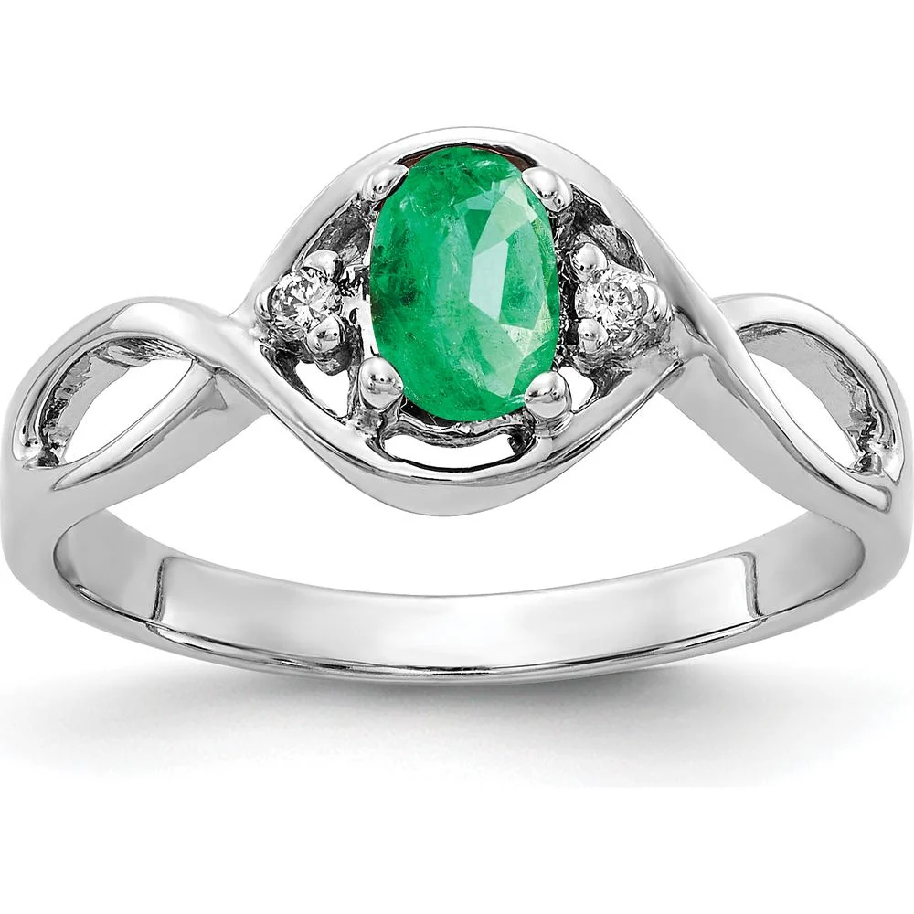 14K White Gold 6x4mm Oval Emerald and Diamond Ring with Round Diamonds - 0.42 Carat Emerald Weight, 0.024 Carat Total Diamond Weight - Size 6 by Monteluci Fine Jewelry