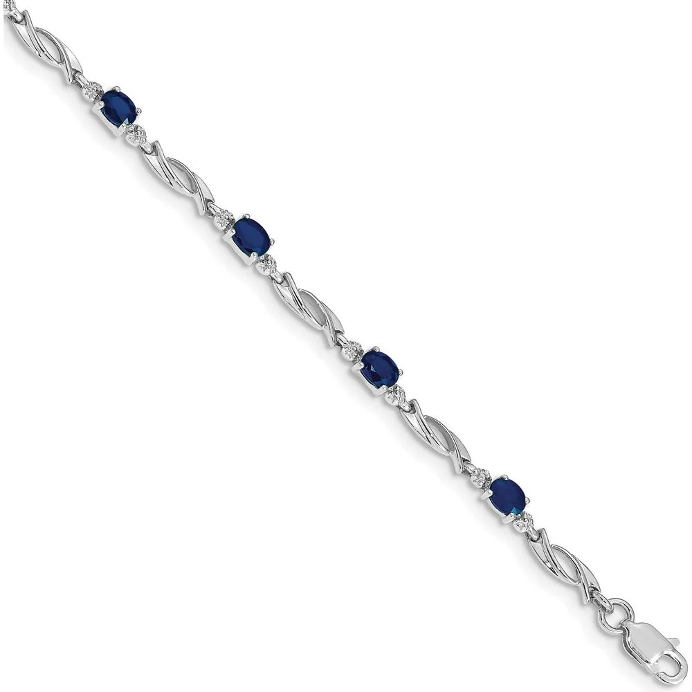 14K White Gold 7.25" Fancy Link Bracelet with Oval Sapphires and Round Diamonds - 0.22 Carats Sapphire Total Weight by Monteluci Fine Jewelry