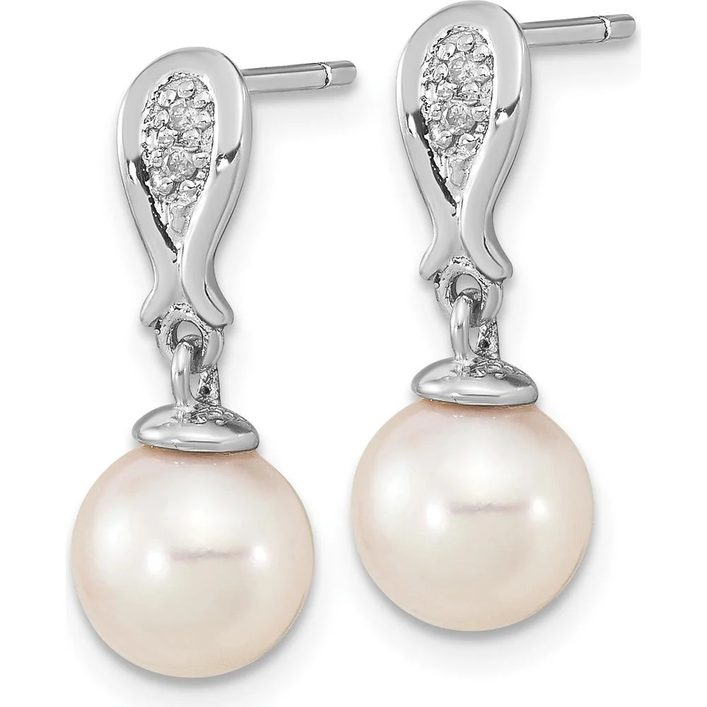 14K White Gold 7-8mm Akoya Pearl and Diamond Drop Earrings - 0.03 Carat Total Diamond Weight by Monteluci Fine Jewelry - Image 2