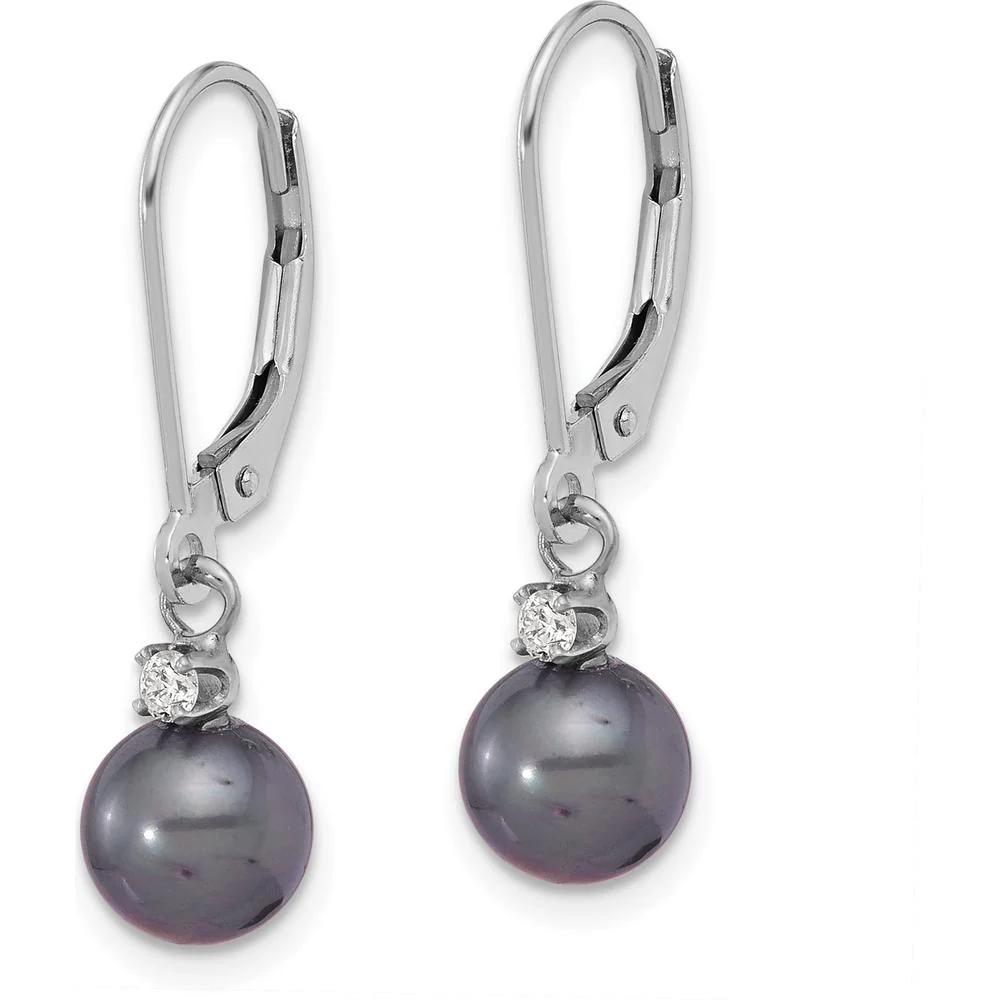 14K White Gold 7-8mm Black Freshwater Cultured Pearl and Diamond Dangle Earrings - 0.10 Carat Total Diamond Weight by Monteluci Fine Jewelry - Image 2