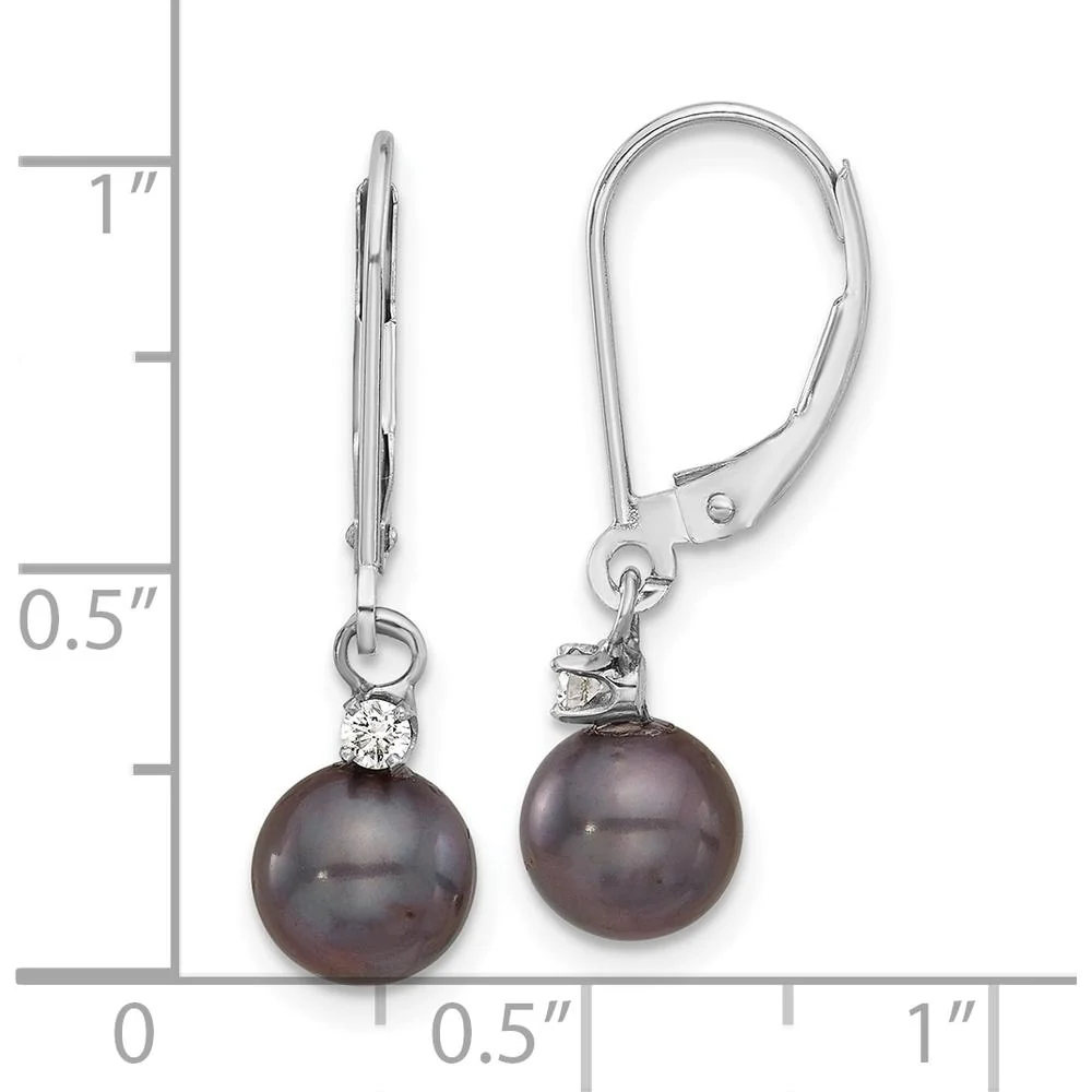 14K White Gold 7-8mm Black Freshwater Cultured Pearl and Diamond Dangle Earrings - 0.10 Carat Total Diamond Weight by Monteluci Fine Jewelry - Image 4