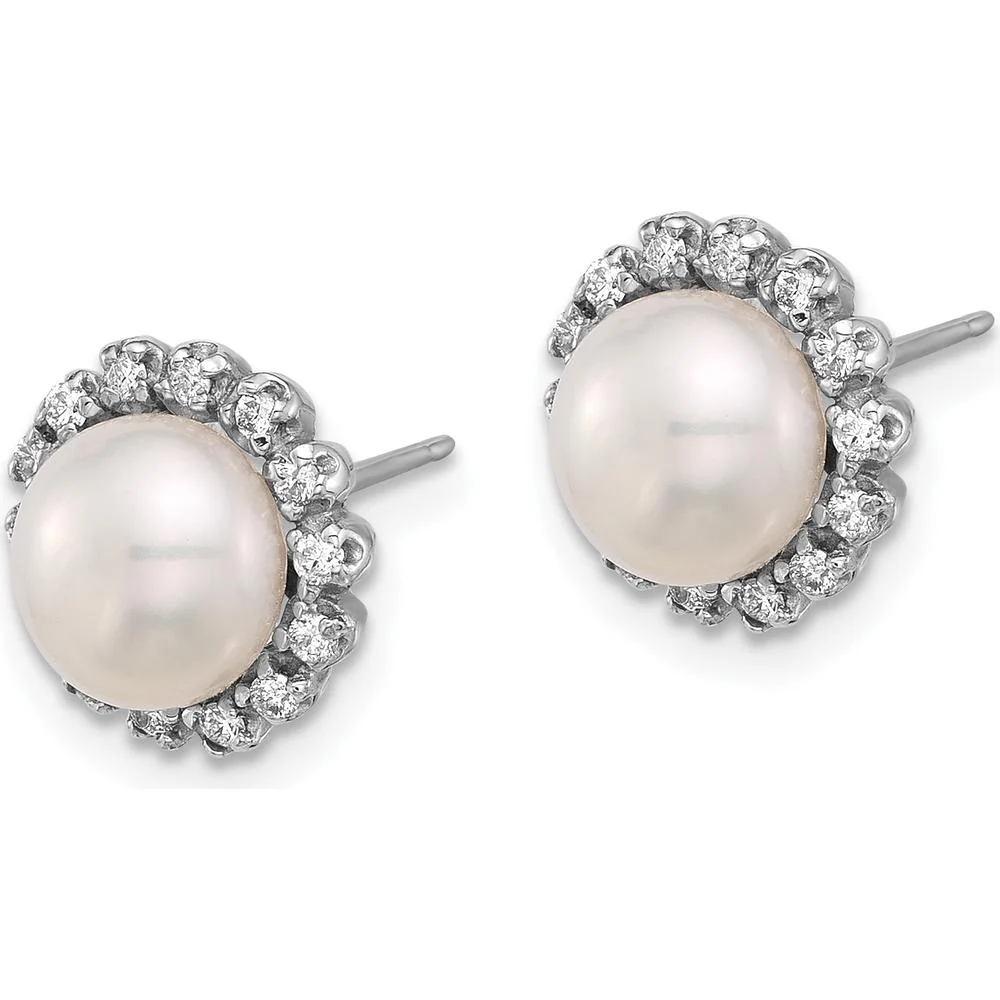 14K White Gold 7-8mm Freshwater Cultured Pearl and 0.28 Carat Diamond Button Earrings by Monteluci Fine Jewelry - Image 2