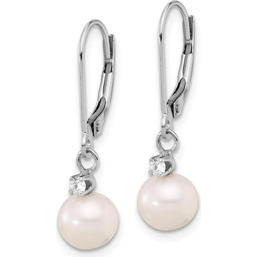 14K White Gold 7-8mm Freshwater Cultured Pearl and Diamond Dangle Earrings - 0.10 Carat Total Diamond Weight by Monteluci Fine Jewelry - Image 2