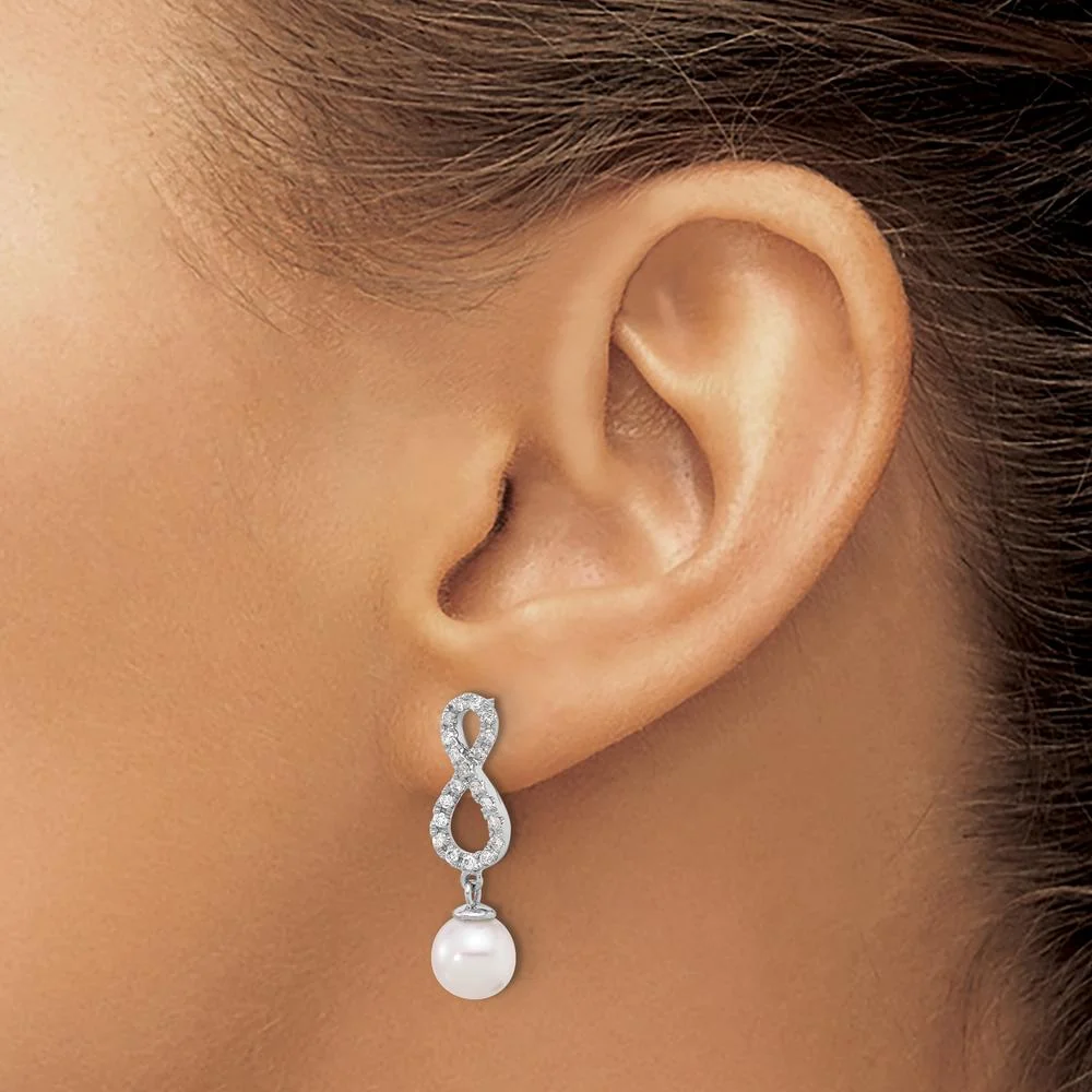14K White Gold 7-8mm Round Akoya Pearl and .40 Carat Diamond Infinity Drop Earrings by Monteluci Fine Jewelry - Image 3