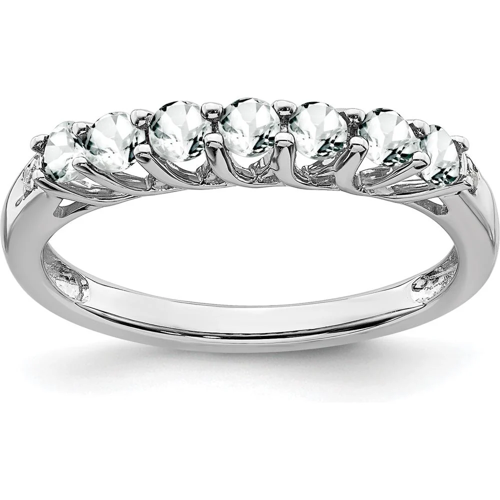 14K White Gold 7-Stone Ring with White Topaz and Round Diamonds - 0.23 Carat Total Gem Weight - Size 7 by Oro Pregiato