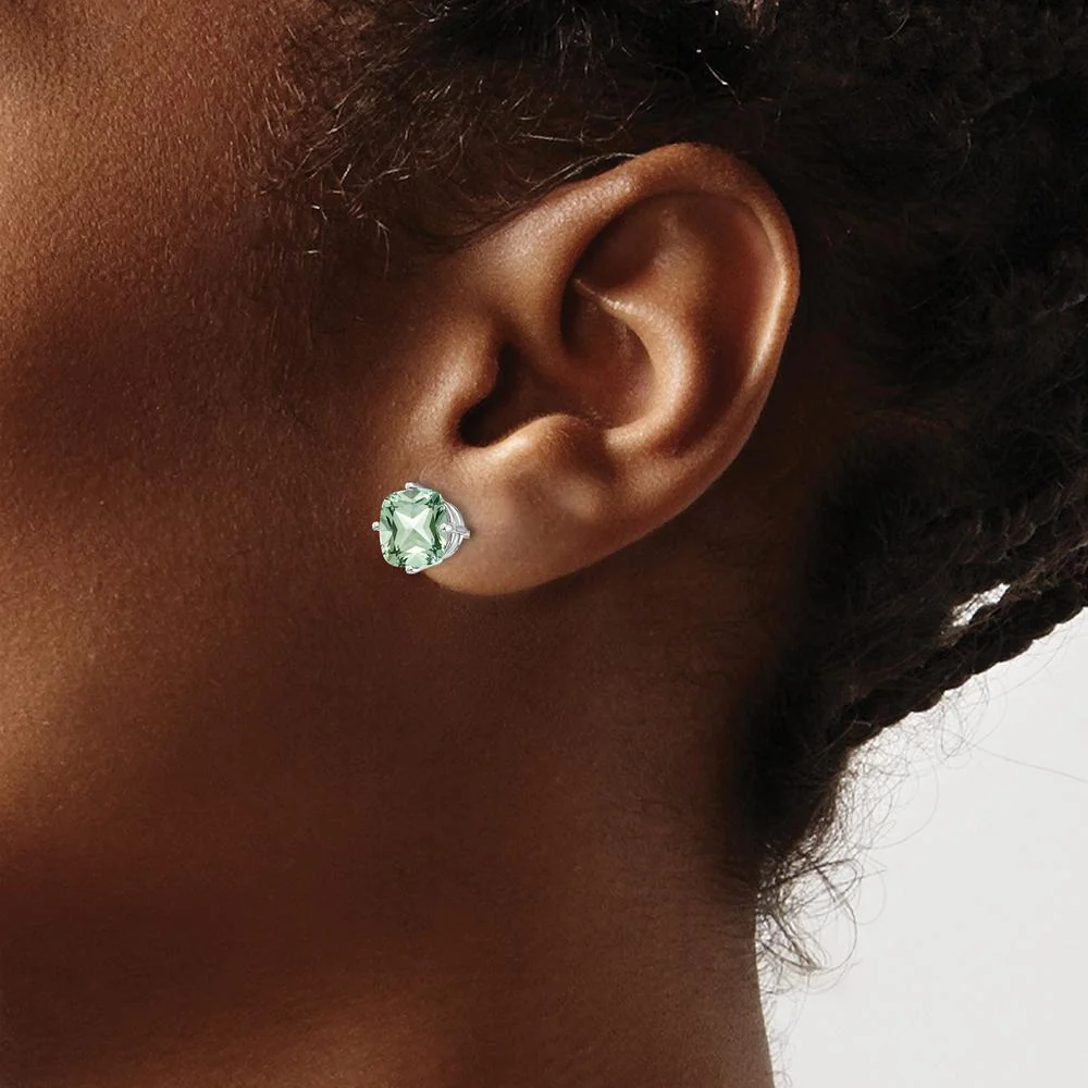 14K White Gold 7mm Cushion Cut Green Quartz Stud Earrings - 1.45 Carat Total Gem Weight by Monteluci Fine Jewelry - Image 3