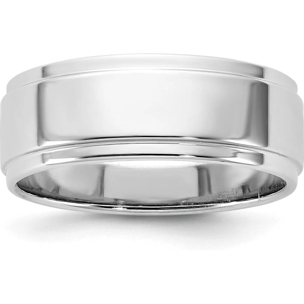 14K White Gold 7mm Flat Band with Step Down Edges - Polished Finish - Size 9 by Luciano & Cie