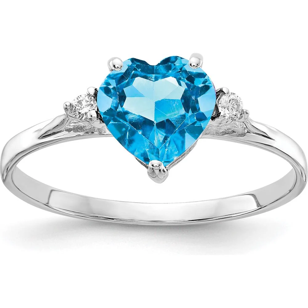 14K White Gold 7mm Heart Blue Topaz with Diamond Accent Ring - 1.74 Carat Total Gemstone Weight - Size 7 by Monteluci Fine Jewelry