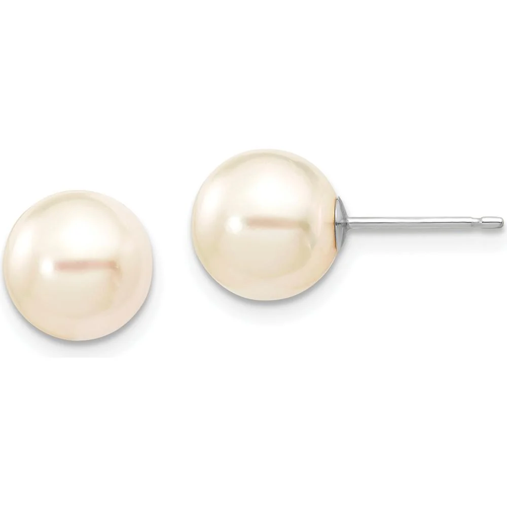 14K White Gold 8-9mm Round Akoya Cultured Pearl Post Earrings - 2 Stones Total by Monteluci Fine Jewelry