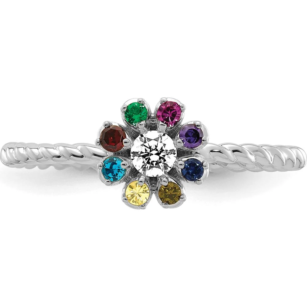 14K White Gold 8 Birthstone Flower with Diamond Mother's Ring - Customizable Semi-mount - Size 7 by Oro Pregiato - Image 5