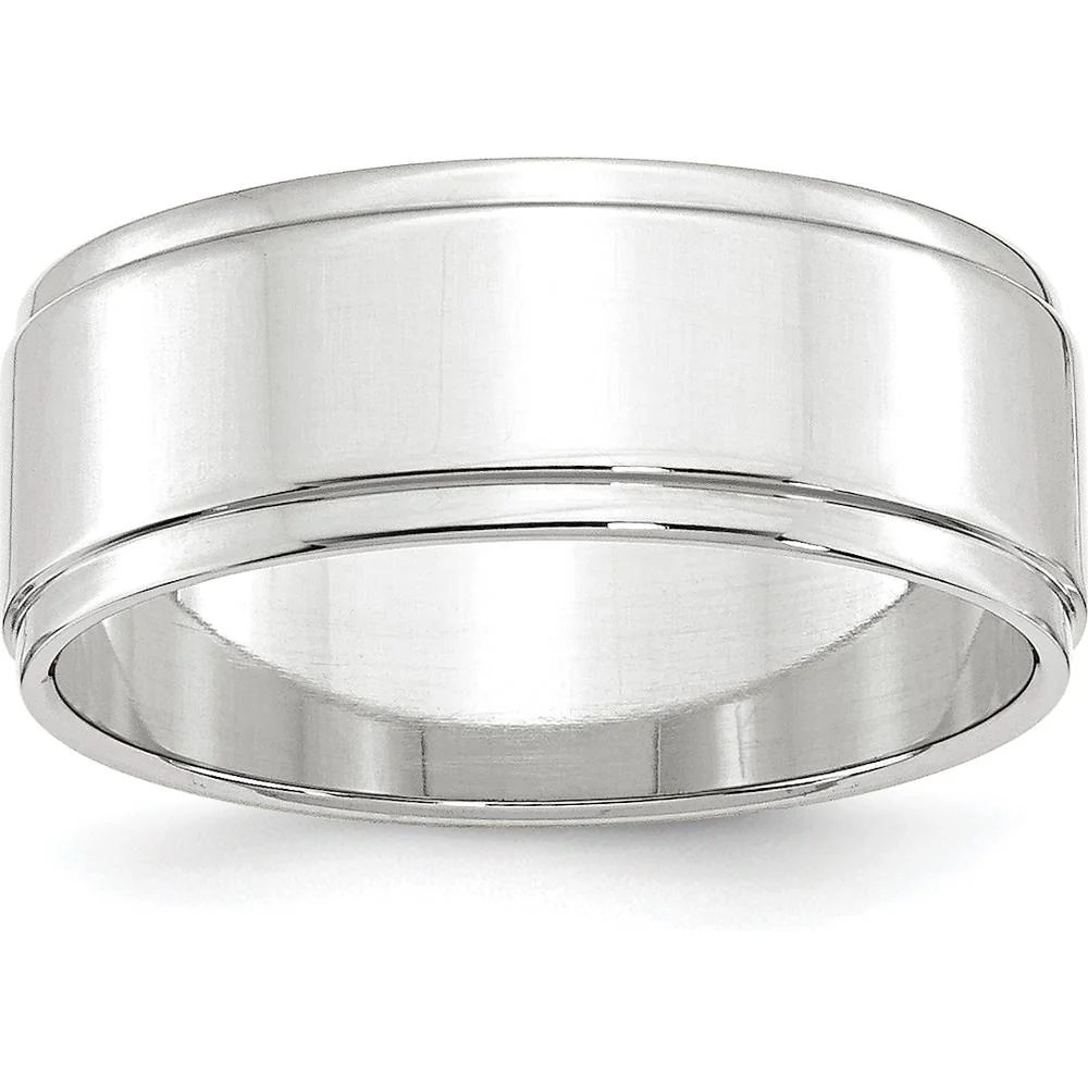 14K White Gold 8mm Flat Wedding Band with Step-Down Edge, Size 9.5 by Luciano & Cie