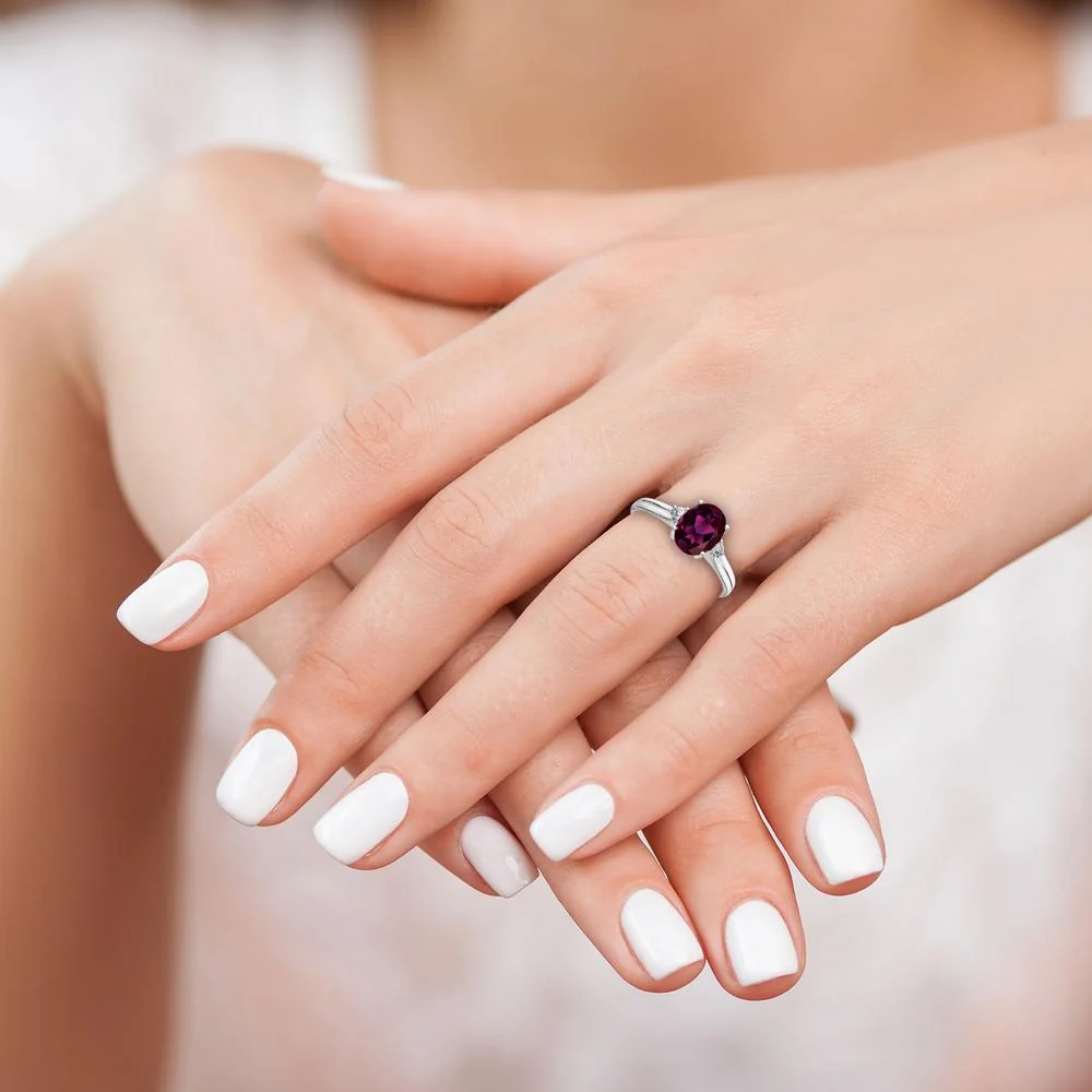 14K White Gold 8x6mm Oval Rhodolite Garnet and Diamond Ring - 1.67 Carat Total Gem Weight - Size 6 by Monteluci Fine Jewelry - Image 3