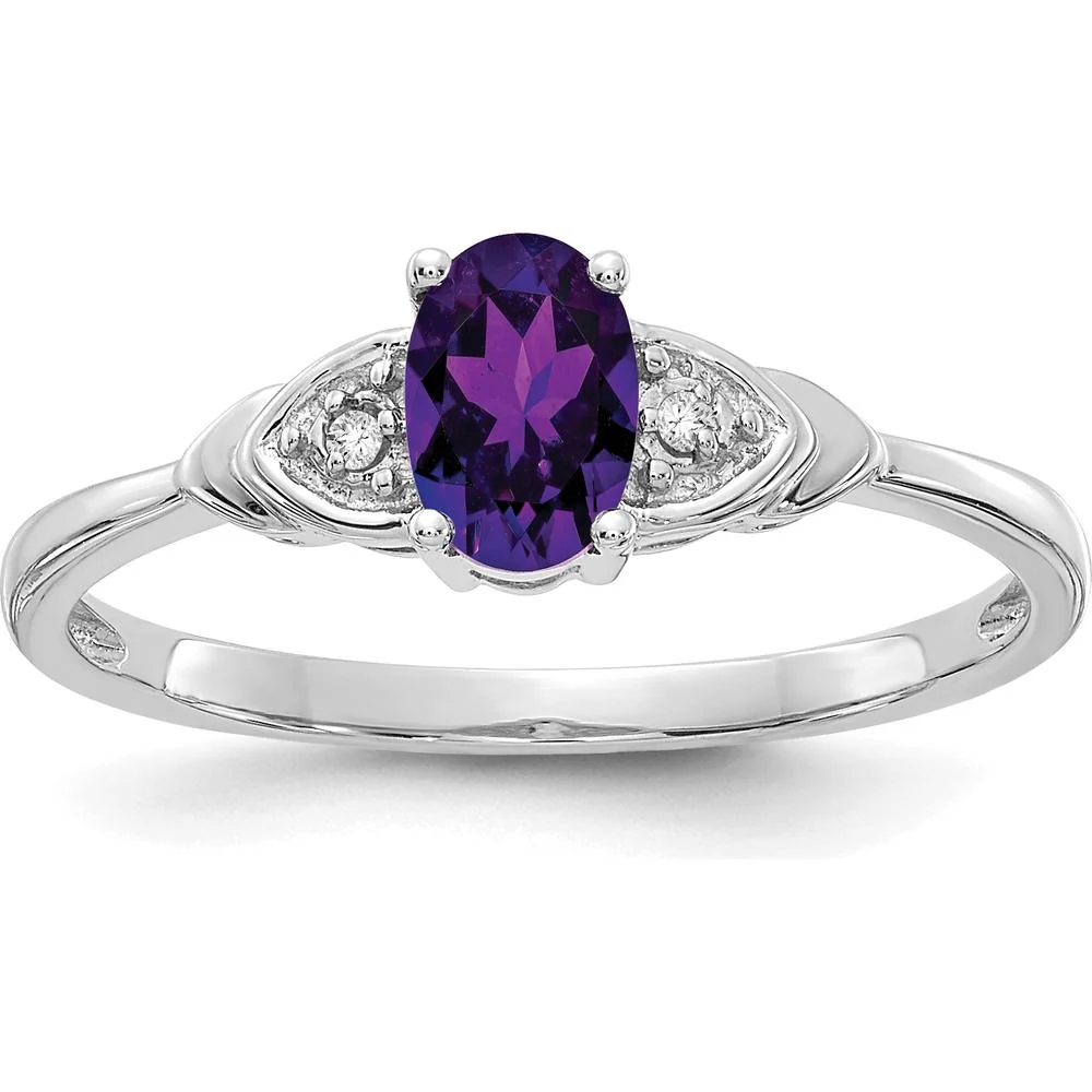 14K White Gold Amethyst and Diamond 3-Stone Ring - 0.45 Carat Amethyst, 0.01 Carat Total Diamond Weight - Size 7 by Oro Pregiato