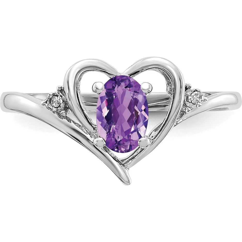 14K White Gold Amethyst and Diamond Heart Ring with Oval Amethyst - 0.45 Carat Total Gem Weight - Size 7 by Oro Pregiato - Image 5