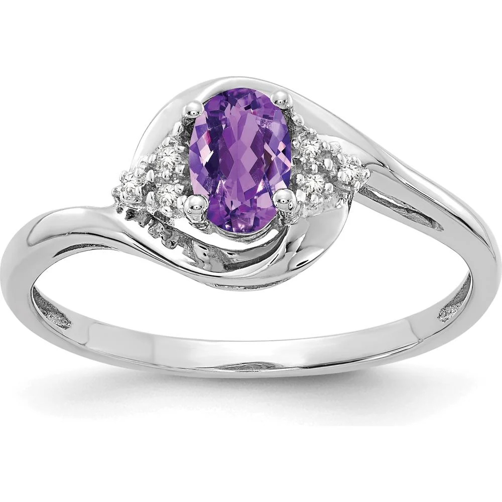 14K White Gold Amethyst and Diamond Ring with Prong Set Oval Amethyst - 0.45 Carat Total Amethyst Weight - Size 7 by Oro Pregiato