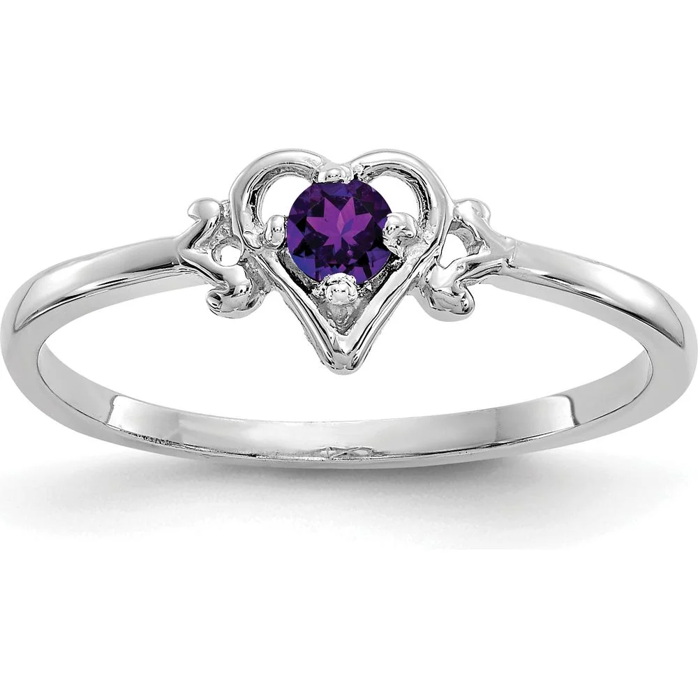 14K White Gold Amethyst Heart Birthstone Ring - 0.1 Carat Round Faceted Amethyst - Size 7 by Oro Pregiato