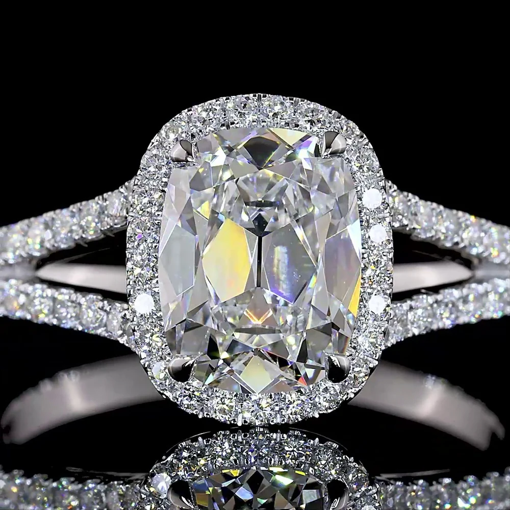 14K White Gold Antique Cushion Cut Split Shank Halo Ring with Lab-Grown D VS1 Diamond - 1.91 Carat Total Diamond Weight - Covaloro Fine Jewelry - Image 2