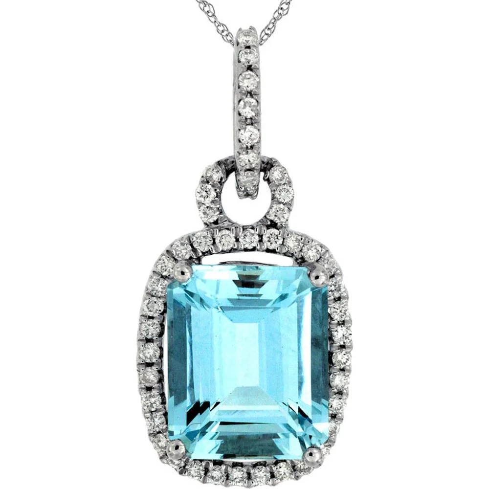 14K White Gold Aquamarine & Diamond Pendant with Emerald Cut Aquamarine - 3.95 Carats Total Gem Weight - Royal Jewelry
