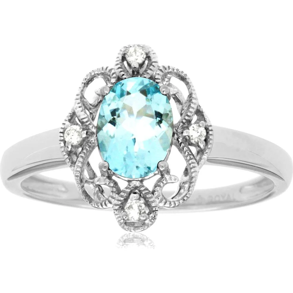 14K White Gold Aquamarine and Diamond Ring with Filigree Detail - 0.70 Carats Aquamarine, 0.04 Carats Total Diamond Weight - Royal Jewelry