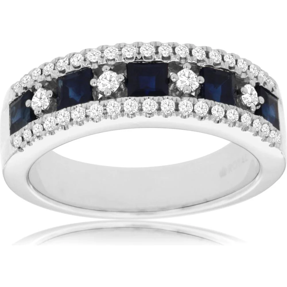 14K White Gold Band with Princess Cut Sapphires (1.00ctw) and Round Diamonds (0.32ctw) - Royal Jewelry