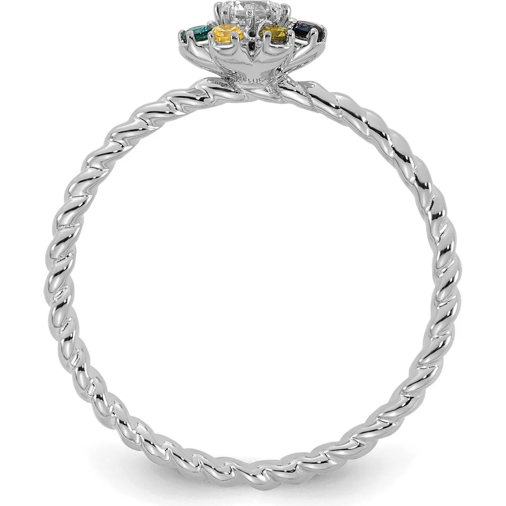 14K White Gold Birthstone Flower Mother's Ring with Diamond Semi-mount - Size 7 by Oro Pregiato - Image 3