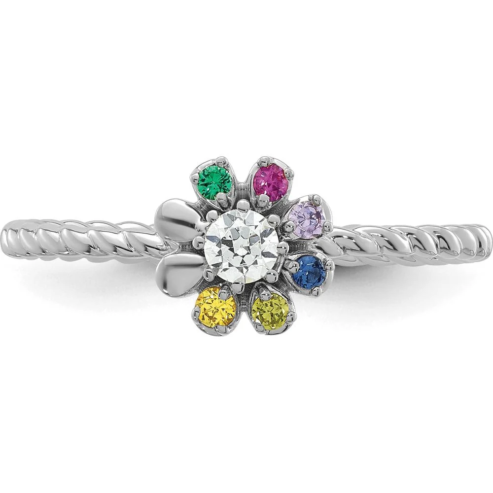 14K White Gold Birthstone Flower Ring with Diamond Semi-Mount - Customizable Mother's Jewelry - Size 7 by Oro Pregiato - Image 5