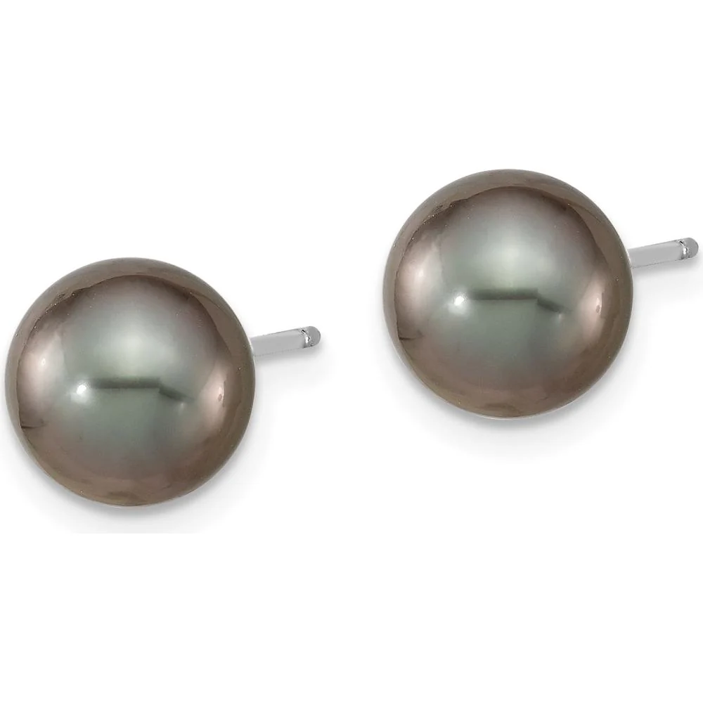 14K White Gold Black Round Tahitian Saltwater Cultured Pearl Post Earrings - 8-9mm by Monteluci Fine Jewelry - Image 2