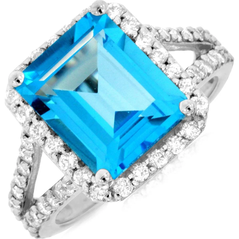 14K White Gold Blue Topaz & Diamond Cushion Cut Halo Ring - 6.10 Carats Total Weight - Royal Jewelry