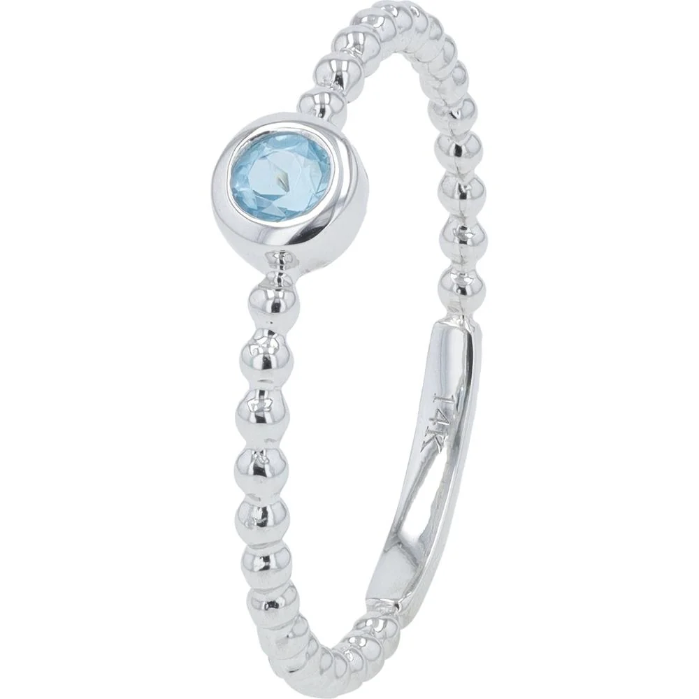 14K White Gold Blue Topaz Center Ring with 0.18 Carat Diamond Accents